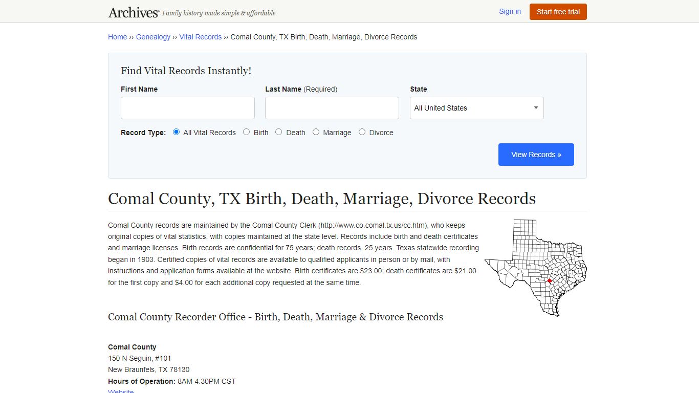 Comal County, TX Birth, Death, Marriage, Divorce Records - Archives.com